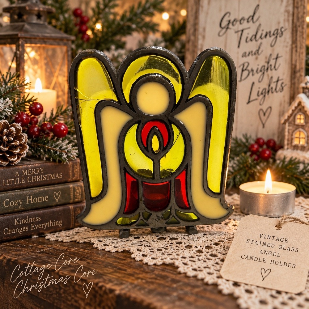 Vintage Stained Glass Angel Candle Holder Christmas Decor Yellow Red Winged